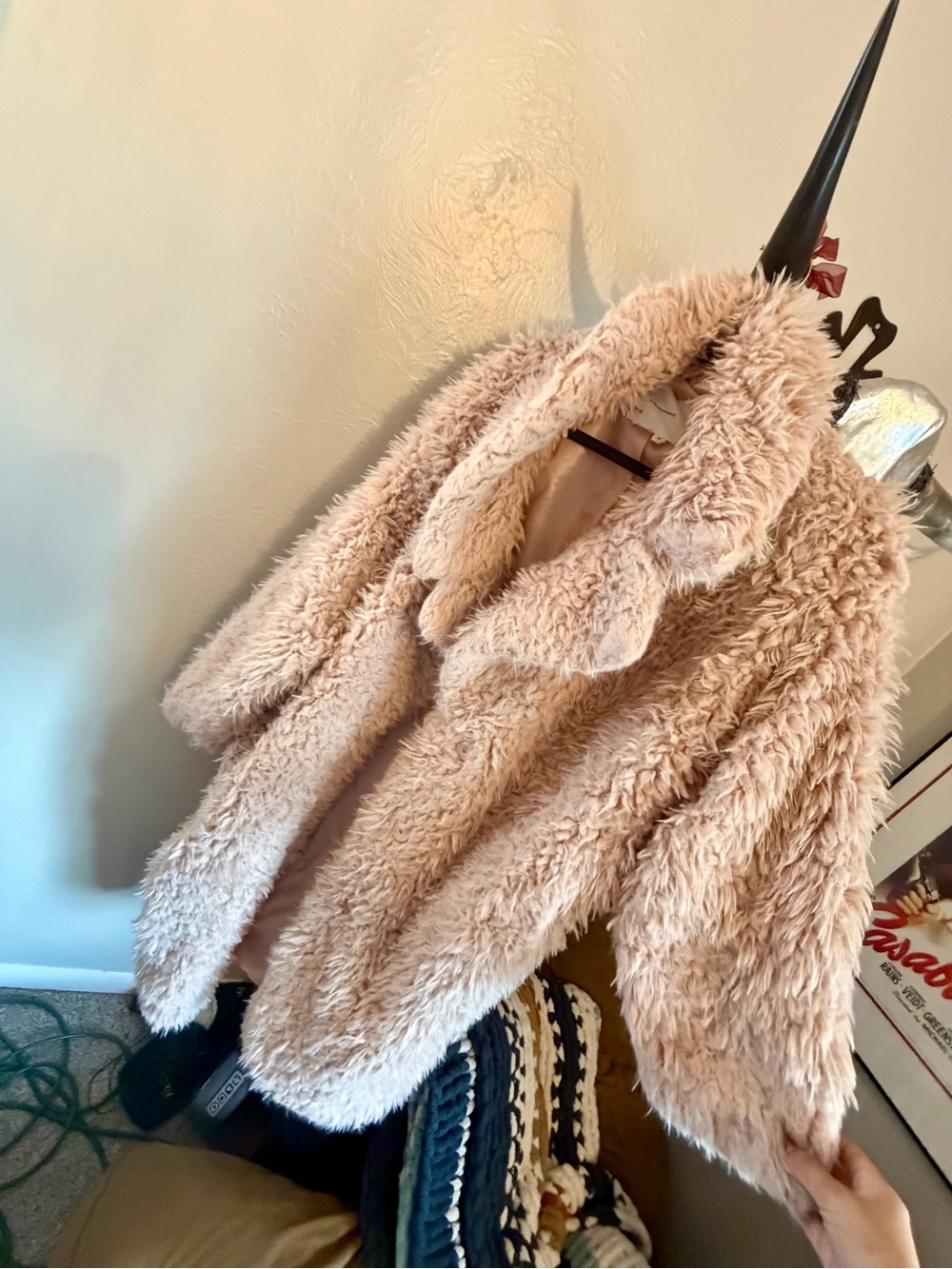 Anthropologie Plush Faux Fur Coat in Pale Blush
